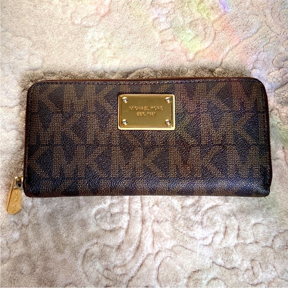 Michael Kors Brown Monogram Coated Canvas Zip Around Wallet